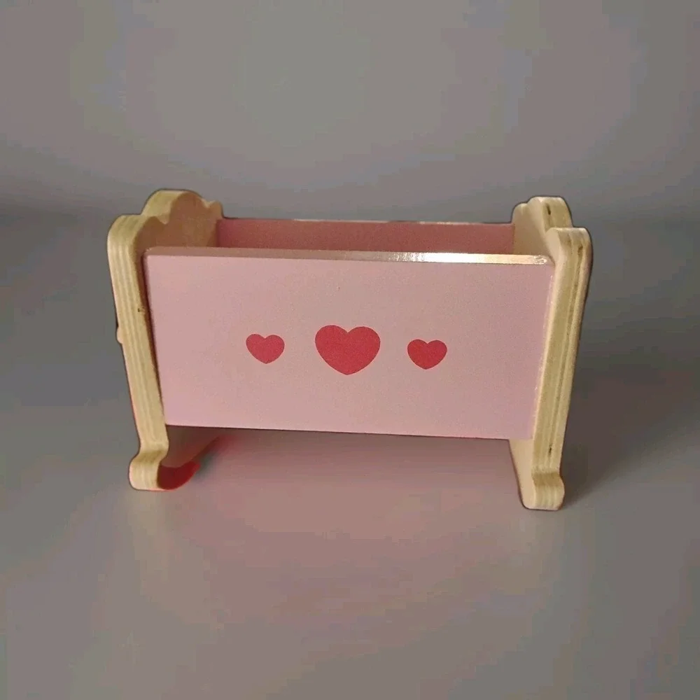 Pink Wooden Cradle Dollhouse Furniture Nursery Rocking Crib Bed miniature Heart